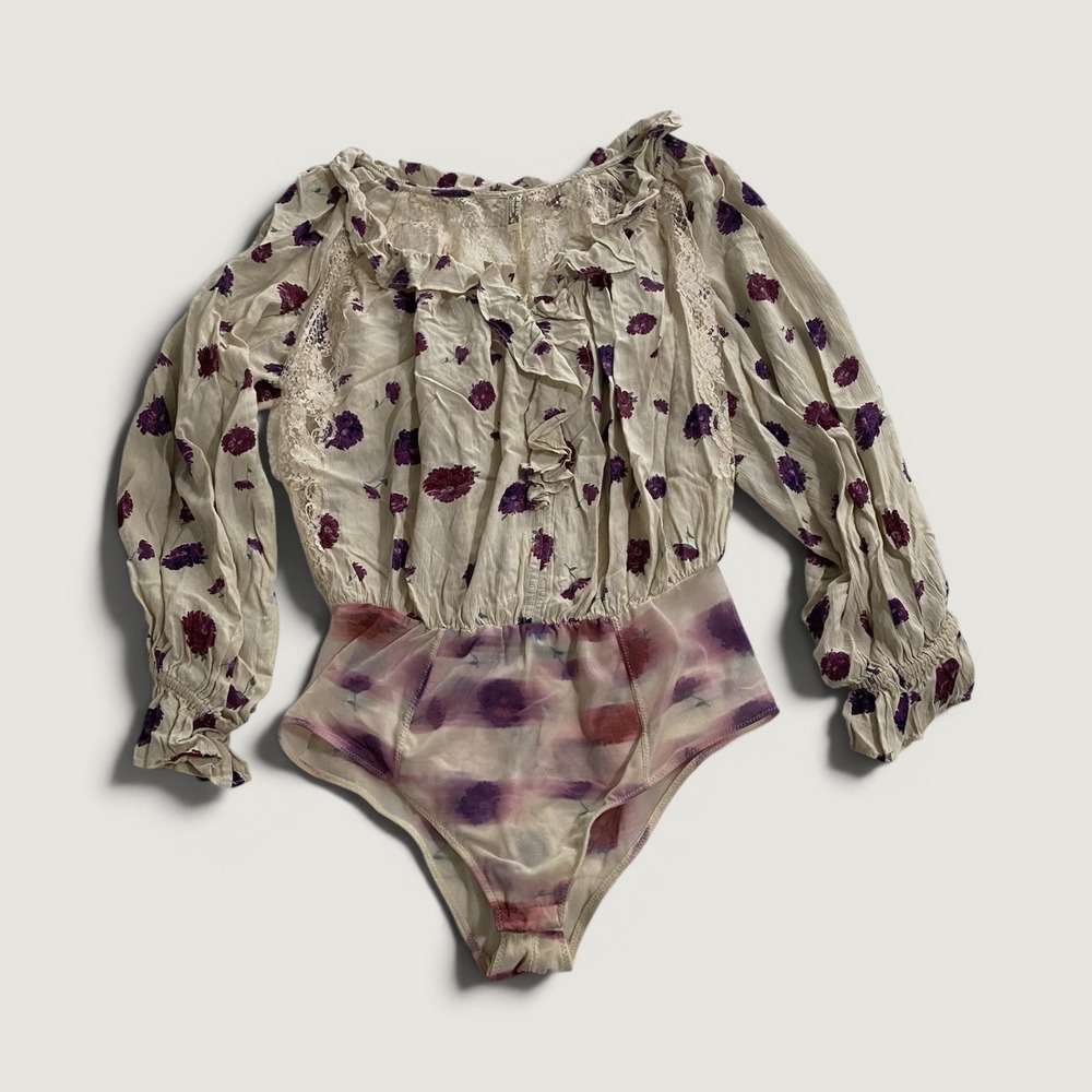 Intimately Free People Bodysuit Poppy Printed Bodysuit Ivory Combo Boho Medium